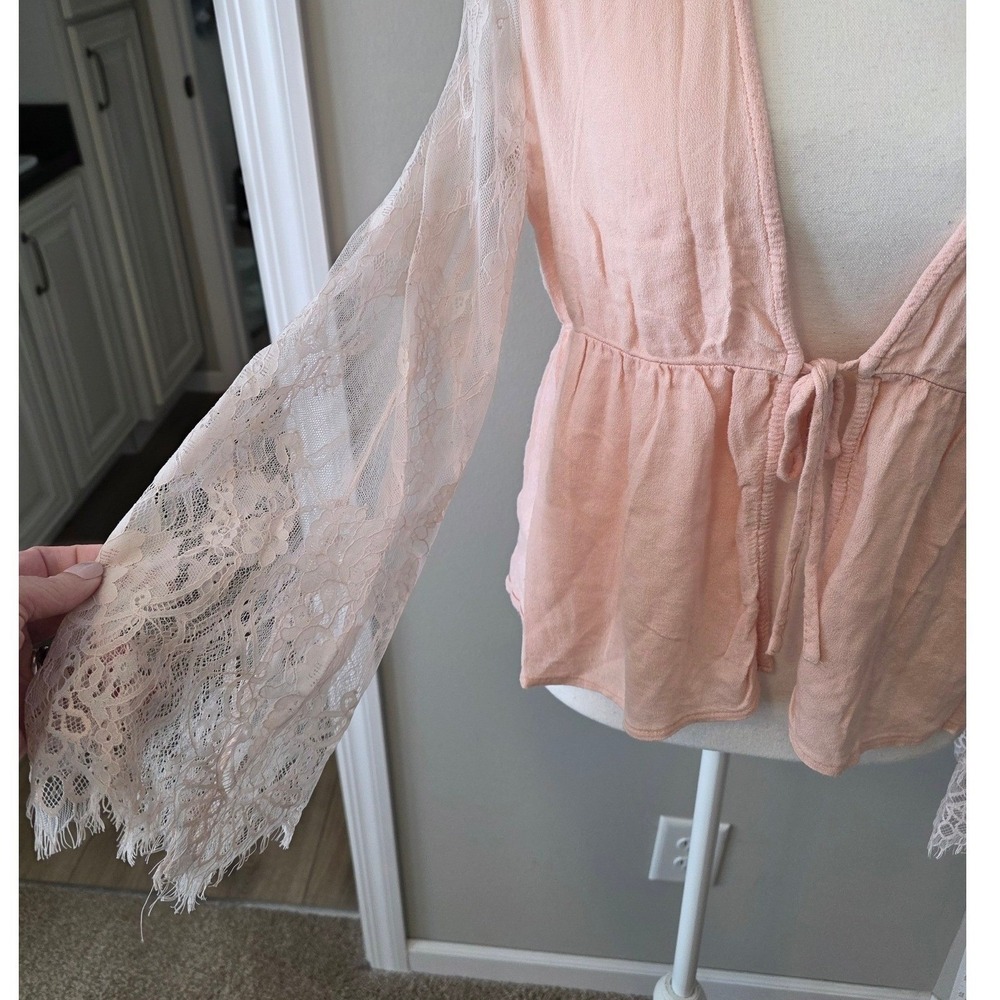 Soieblu Top Women S Peach Lace Flare Sleeves Cardigan Tie Front Dainty Feminine